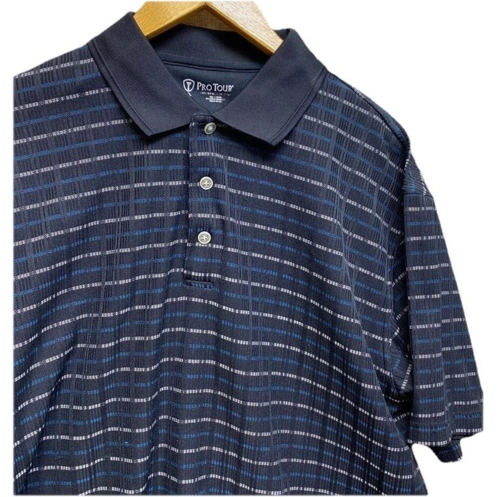Pro Tour Polo Shirt Mens XL Navy Blue Striped Short Sleeve Performance Golf Top